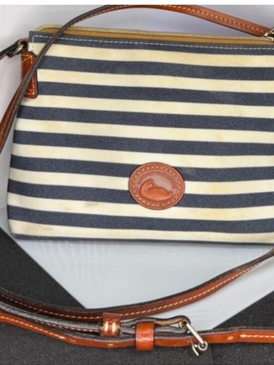 Dooney & Bourke Handbags - Vintage Dooney & Bourke Navy and Cream Striped Crossbody with Brown Leather Trim